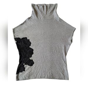 Escada Gray Turtleneck Sleeveless Sweater with Black Floral Applique sz M